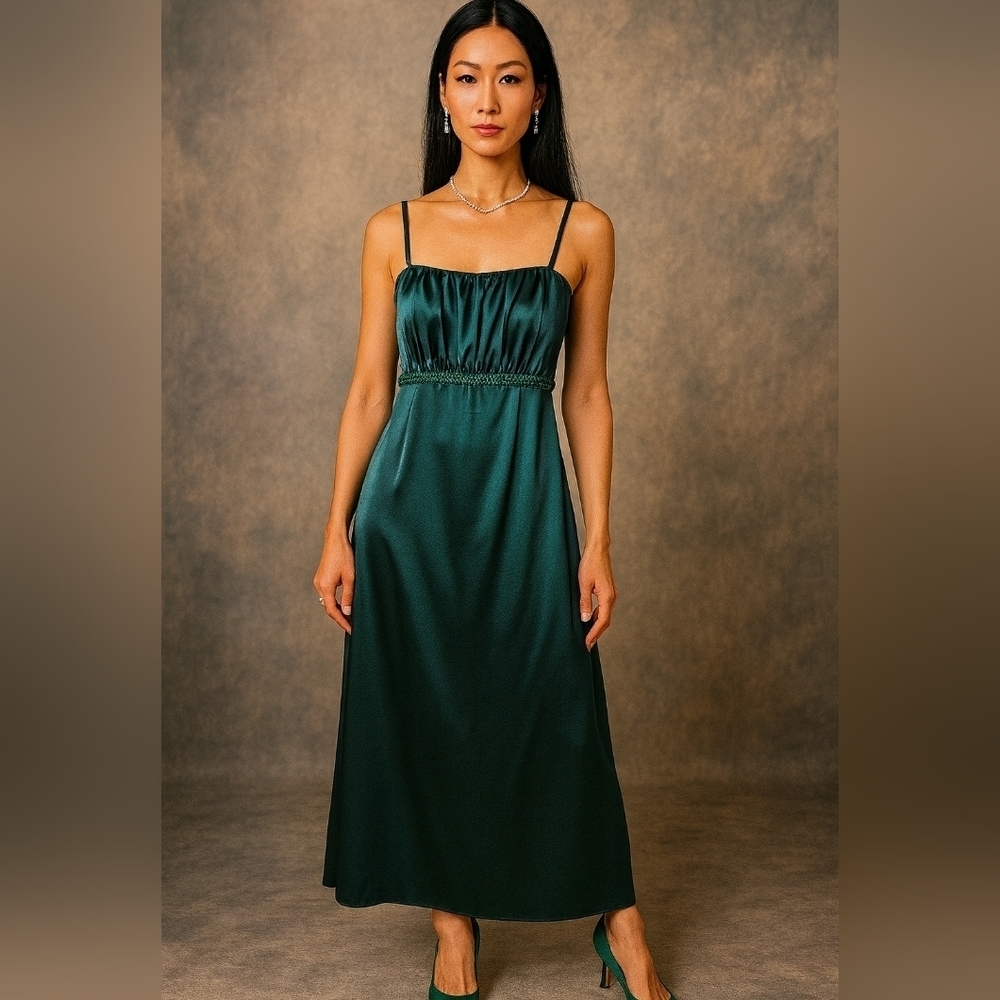 Teal Satin Maxi Dress. Spagetti Strap. Size 8. Gathered Waist